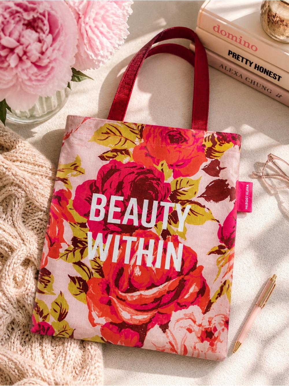 Margot Elena Floral “Beauty Within” Canvas Tote Bag Pink Gift